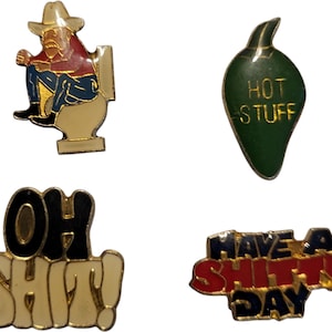 Vintage Enamel Pin Lot – Novelty Humor Pins – Cowboy Toilet, Hot Stuff Chili Pepper, Jalapeno Pepper, Funny Sayings – Retro Lapel Pins Set