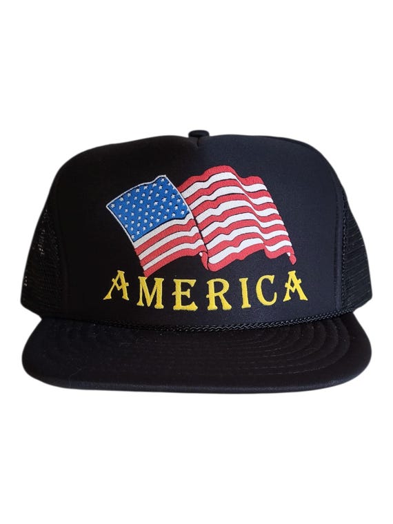 Vintage 1980s Patriotic Trucker Hat – “America” Flag Mesh Snapback Cap Patriotic American