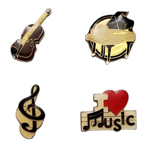 Vintage Enamel Music Pins // Cello // Piano // Music Notes // I love music // True Vintage Metal pins // Music Instruments // NOS VTG Rare