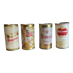 May include: Four vintage beer cans are shown against a white backdrop. The cans have different designs and text, including "Augustiner Beer," "Peter Hand Export Lager," "Stoneys Pilsener Beer," and "Old Crown Light & Dry Beer."