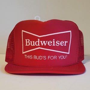 Vintage Style Budweiser Trucker Hat // Red Mesh Snapback Cap // This Bud&#39;s For You Beer Logo Hat // Anheuser Busch NOS // One size fits all