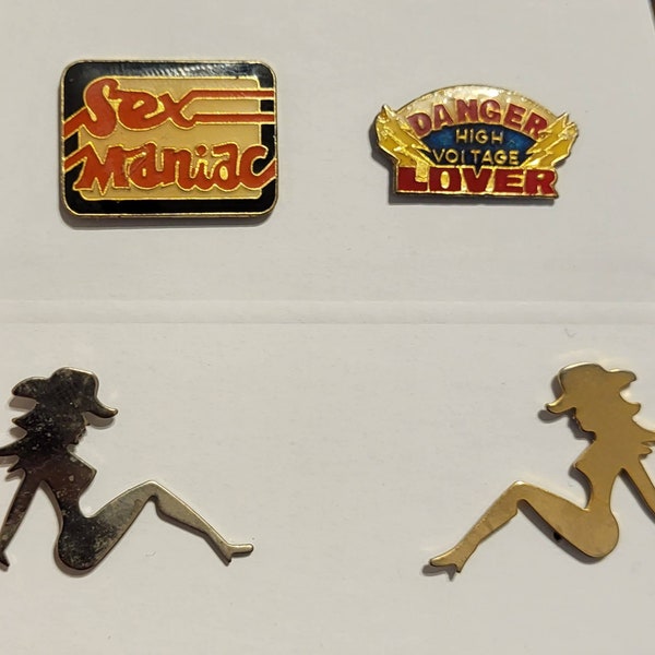 Vintage Sex Pins // Silver and Gold Naked Cowgirl // Sexy women // Sexy ladies posing // Sex Maniac // High Voltage Lover // NOS VTG Rare