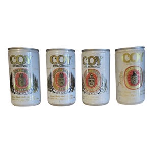 Vintage COY International Private Reserve ölburkar – Set med 4 tomma 355 ml burkar – Guld- och röd vapenskölddesign, fat nr 12, 19, 32, 36 – Retro