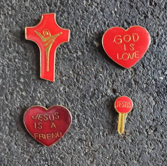 Vintage Enamel God and Jesus Pins // Jesus Christ Pins // Jesus is a Friend // God is Love // Jesus Key // True Vintage Metal pins // NOS
