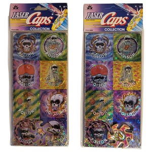 May include: Two Laser Caps Collection packs. Each pack contains a variety of colourful POGs with skull and skeleton designs, and the word "POISON". The packaging includes the text "Laser Caps Collection" and "Ultra Durable".