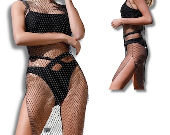 Rhinestone Dress, Festival Dress, Bling Glam Rhinestone Sleeveless Net Dress Beach Bikini Cover Mesh Dress