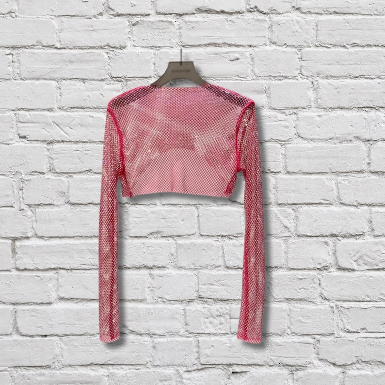 Rhinestone Cropped Top | Festival Crop Top | Sparkly Party Top | Rave Clothing | EDM Top | Y2K Glam Mesh Top | Sparkle Clothing Women Fuchsia