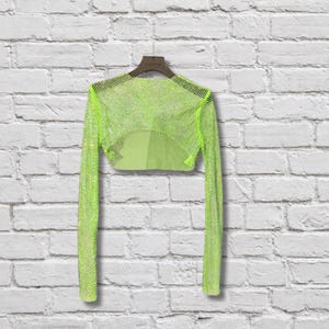 Rhinestone Cropped Top | Festival Crop Top | Sparkly Party Top | Rave Clothing | EDM Top | Y2K Glam Mesh Top | Sparkle Clothing Women Neon Green