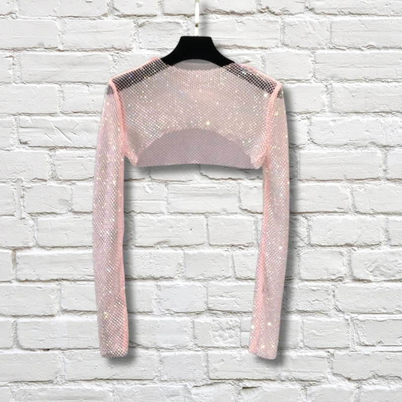 Rhinestone Cropped Top | Festival Crop Top | Sparkly Party Top | Rave Clothing | EDM Top | Y2K Glam Mesh Top | Sparkle Clothing Women Pink