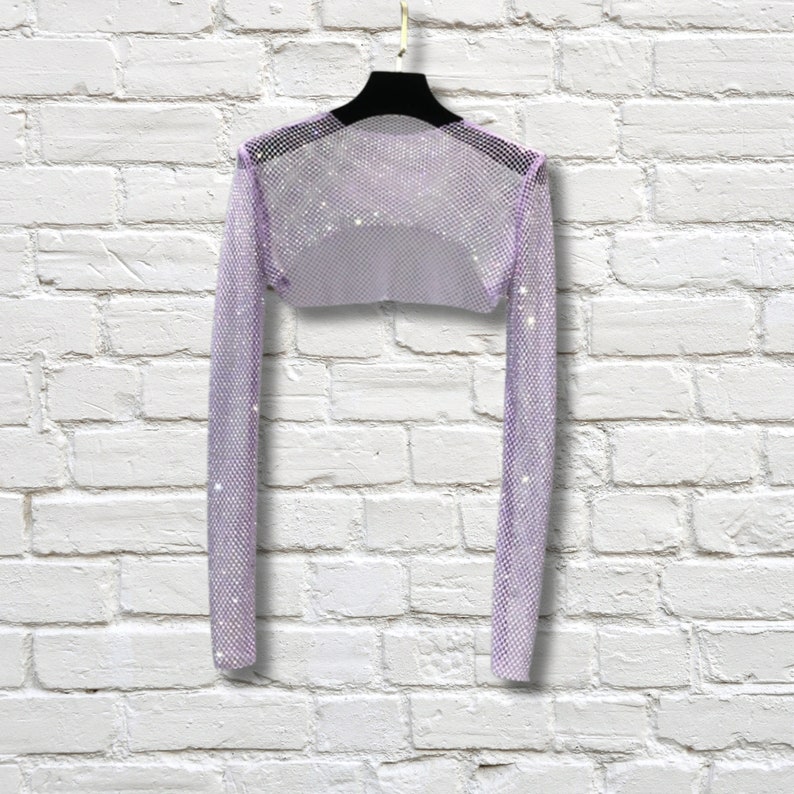 Rhinestone Cropped Top | Festival Crop Top | Sparkly Party Top | Rave Clothing | EDM Top | Y2K Glam Mesh Top | Sparkle Clothing Women Purple