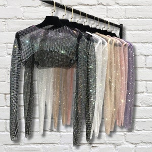 Top court en strass, haut de festival, haut court, haut court en filet à manches longues en strass glamour et couverture de bikini de plage, haut en résille