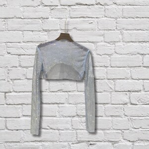 May include: A long-sleeve cropped top made of a silver-toned metallic mesh material. The garment features a wide, open neckline and a semi-sheer, grid-like construction that creates a shimmering effect. It is displayed on a brown plastic hanger.