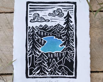 Bear Lake Utah Idaho Handmade Print 4x6 on A5 Paper (8.3"x 5.83"), Nature Wall Art. Home Decor. Original Linocut.