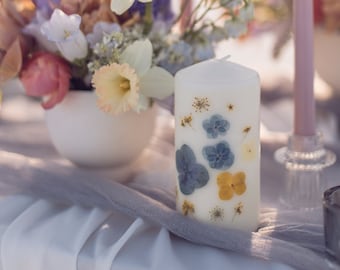 Botanical Pillar 3x6 Inch | Pressed flower boho candles, real flower candles, bridesmaid wedding gift