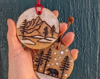 Ceramic mountain and bear in woods christmas ornament, rockies, sierra