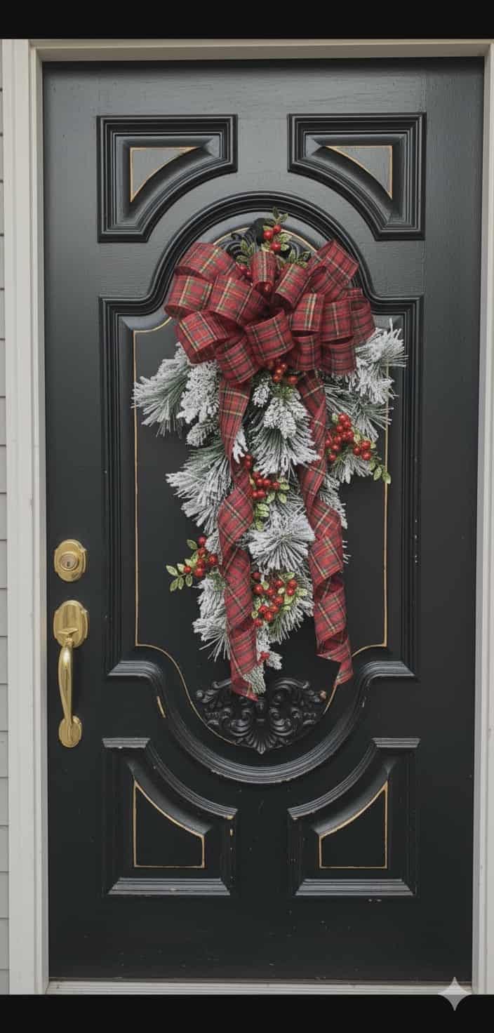 Flocked Teardrop Christmas Swag with red plaid ribbon - Thumbnail 3