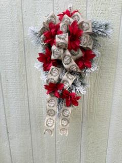 Flocked Teardrop Christmas Swag with Merry Christmas ribbon and red poinsettias - Thumbnail 2