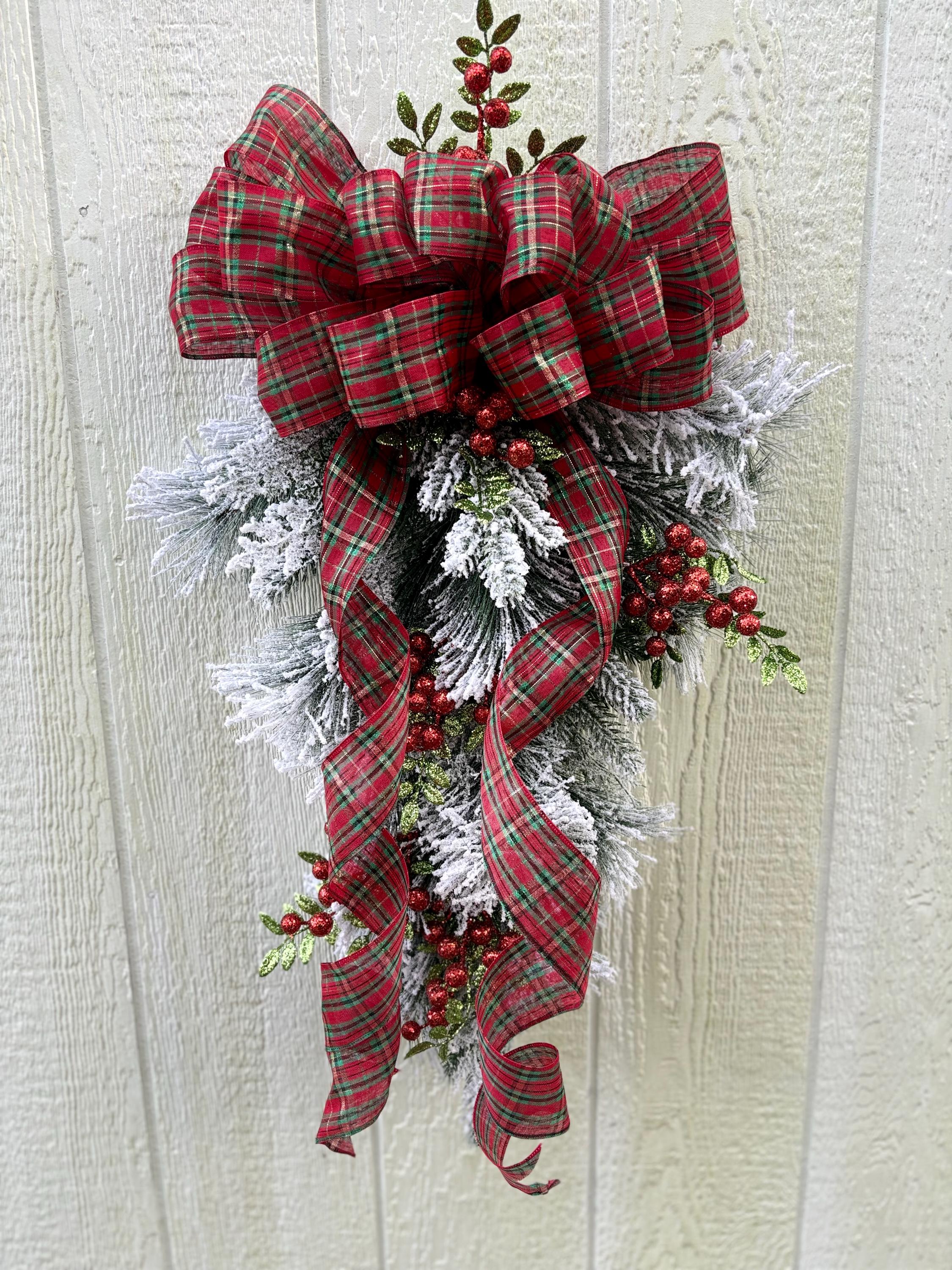 Flocked Teardrop Christmas Swag with red plaid ribbon - Thumbnail 2