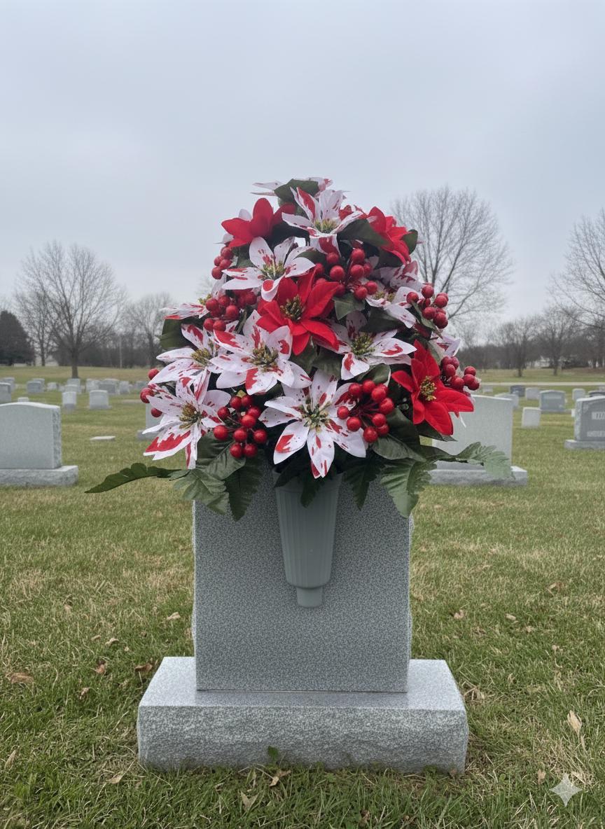 Peppermint Pointsettia vase style cemetery flower