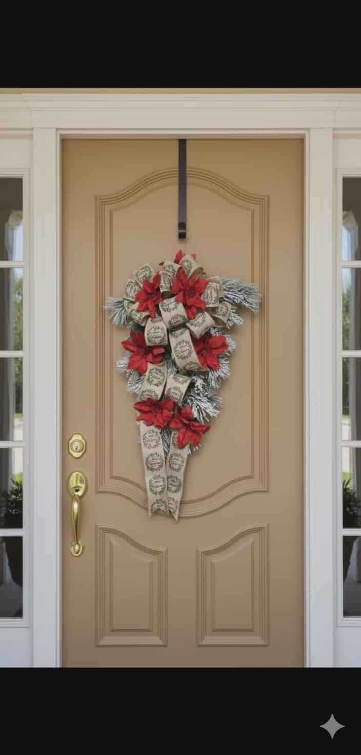 Flocked Teardrop Christmas Swag with Merry Christmas ribbon and red poinsettias - Thumbnail 3