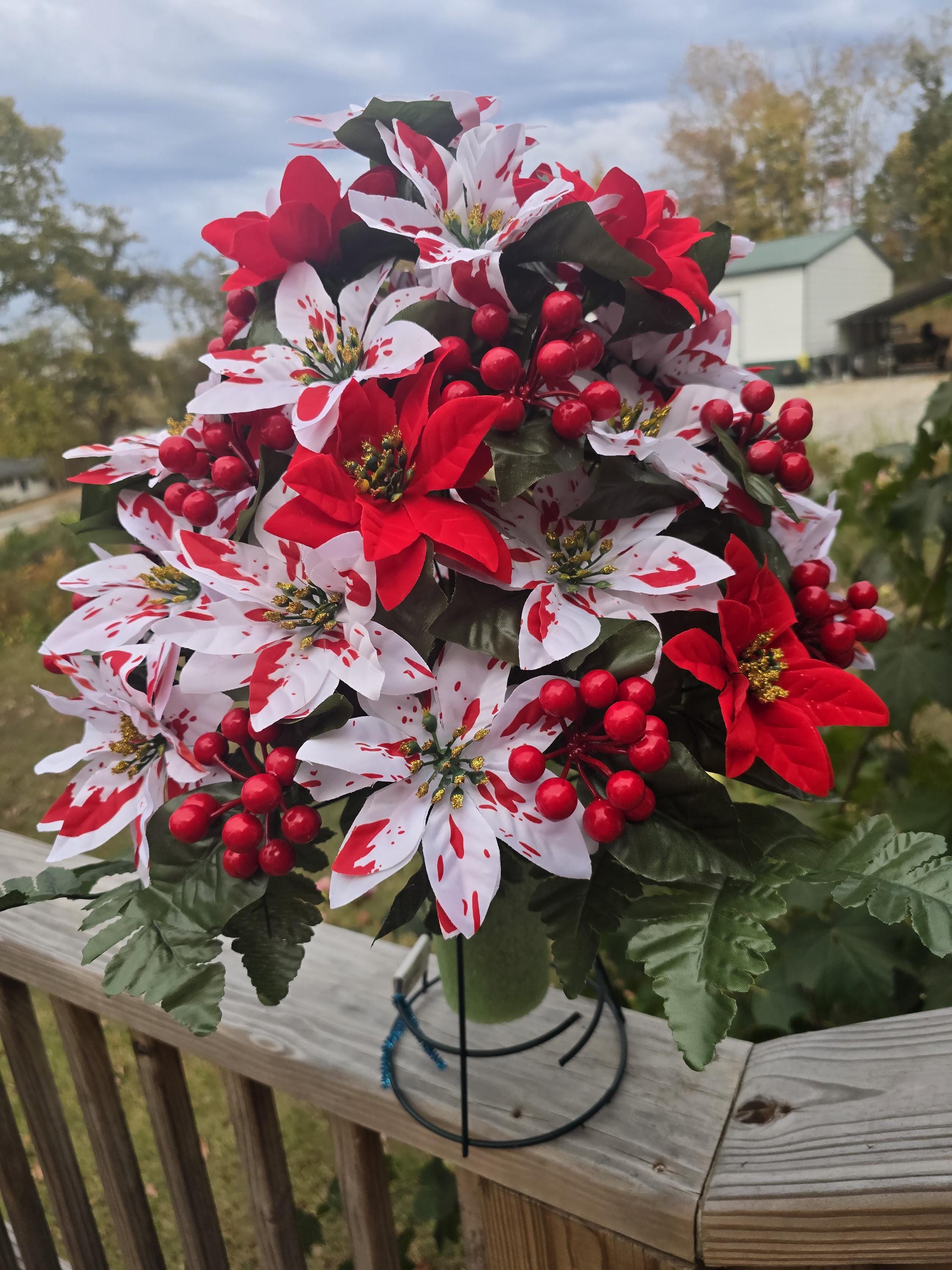 Peppermint Pointsettia vase style cemetery flower - Thumbnail 2