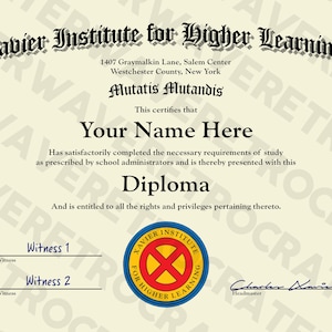 Diploma de la Escuela Xavier para Jóvenes Talentosos: réplica personalizada hecha por un fan, regalo de graduación, regalo universitario, regalo para dormitorio, serie animada de X-Men
