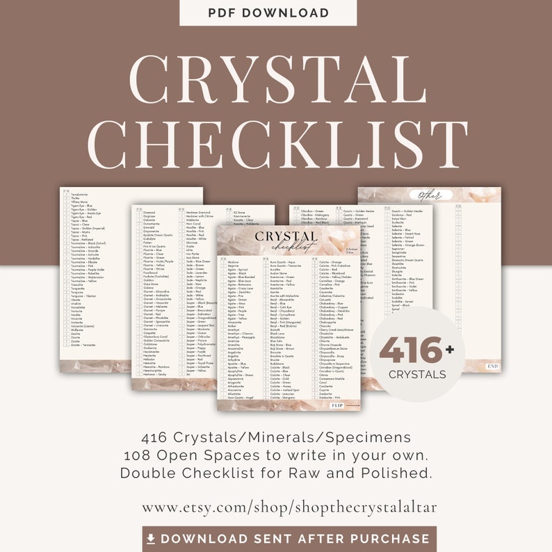 A Crystal Checklist that is 5 pages with neutral peach colors.