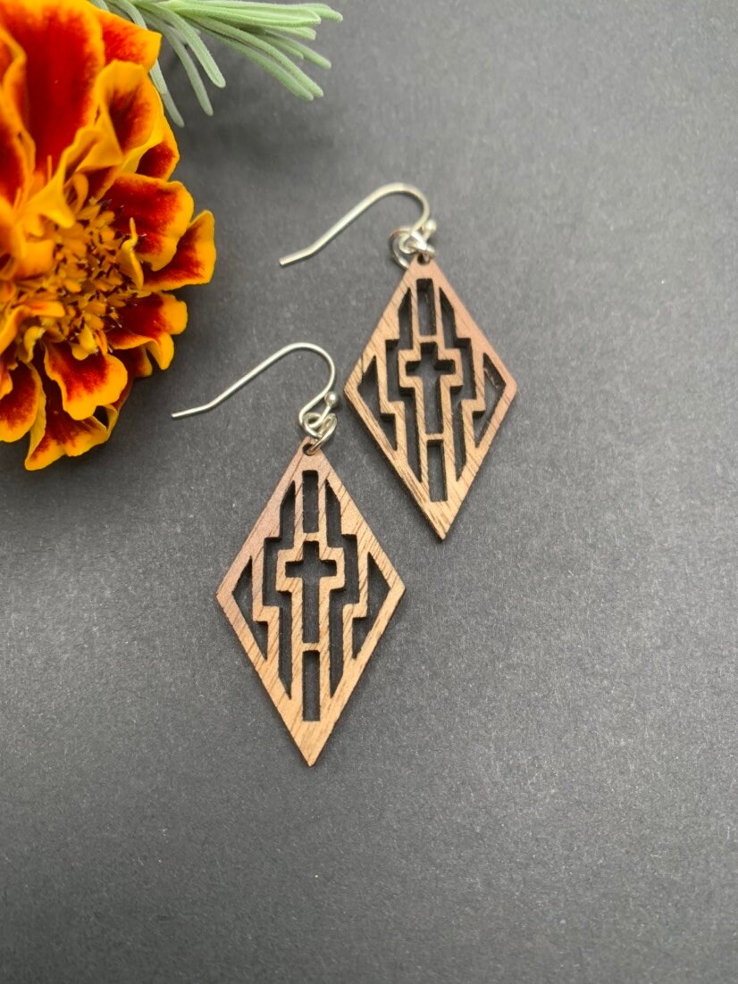 Wooden Cross Earrings Aztec Style Black Walnut Etsy