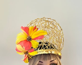 Gold Fascinator, Goddess Crown, Feather Headband, Races, Wedding, Handmade Millinery, Hat, Headpiece.