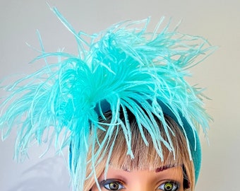 Aqua Green Fascinator, Headband, Headwear, Feathers, Headdress, Headpiece, Wedding Hat, Handmade Millinery.