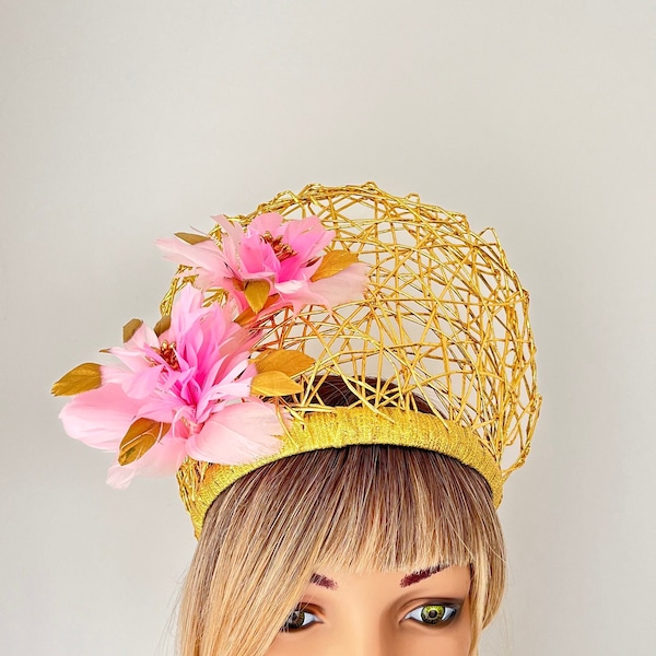 Gold Goddess Crown, Fascinator, Feather Headband, Races, Wedding, Handmade Millinery, Hat, Headpiece.