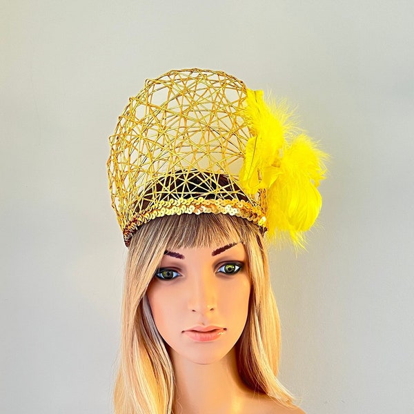 Gold Fascinator, Goddess Crown, Yellow Headband, Handmade, Wedding Headpiece, Millinery