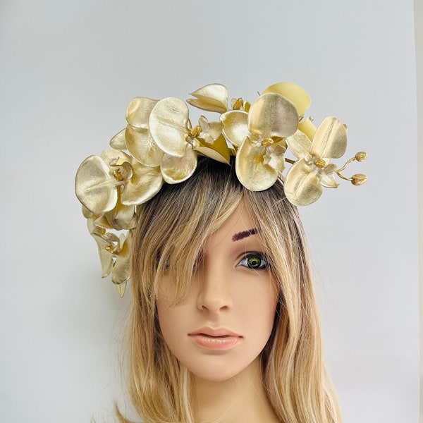 Gold Flower Crown Fascinator, Gold Orchid Headband, Handmade, Wedding Headpiece, Millinery.