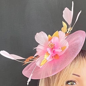 Pink Fascinator, Feather Flower Headband, Floral Crinoline Headpiece, Wedding Hat, Melbourne Cup, Handmade Millinery.