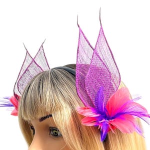 Purple Pink Fascinator, Feather Headband, Sinamay Mesh Headpiece, Wedding Hat, Melbourne Cup, Handmade Millinery.