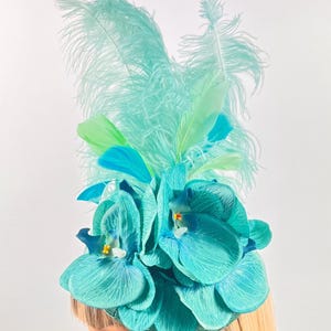 Turquoise Fascinator, Mini Hat, Feather Headpiece, Wedding Hat, Melbourne Cup, Handmade Millinery.