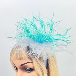 Turquoise Fascinator, Mini Hat, Feather Headpiece, Wedding Hat, Melbourne Cup, Handmade Millinery.