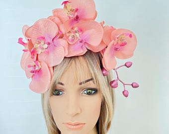 Pink Orchid Flower Crown Fascinator Wedding Headband Melbourne Cup Spring Racing