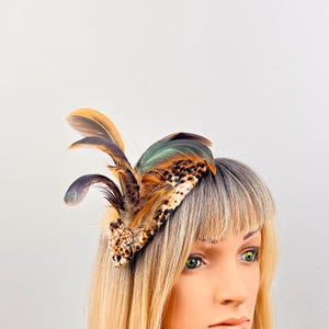 Animal Print Fascinator, Brown Feather Headband, Leopard Headpiece, Wedding Hat, Melbourne Cup, Handmade Millinery.