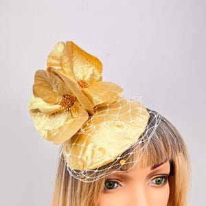 Gold Fascinator, Metallic Headband, Flower Headpiece, Wedding Hat, Melbourne Cup, Handmade Millinery.