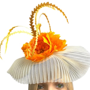 Ivory Fascinator Orange Accents, Hatinator, Sculpted Crinoline Headpiece, Wedding Hat, Melbourne Cup, Handmade Millinery.