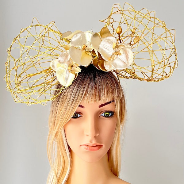 Gold Bow Fascinator, Headband, Flower Crown, Large Bow, Floral Headpiece, Headdress, Headwear, Wedding Hat, Handmade Millinery.