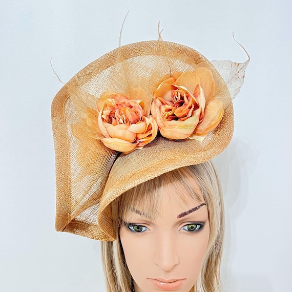 Orange Peony Feather Fascinator Orange Peach Cream Pink Feather Flower Hat Hair Fascinator  main image 4