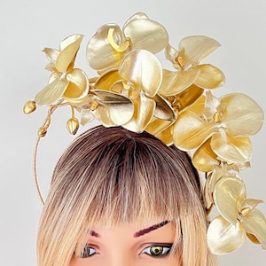 Gold Fascinator, Flower Crown, Metallic Halo Headpiece, Wedding Hat, Melbourne Cup, Handmade Millinery.