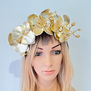 Gold Fascinator, Flower Crown, Floral Headpiece, Wedding Hat, Melbourne Cup, Handmade Millinery.