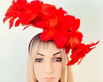 Red Fascinator Feather Flower Headband Melbourne Cup Race Day Hat
