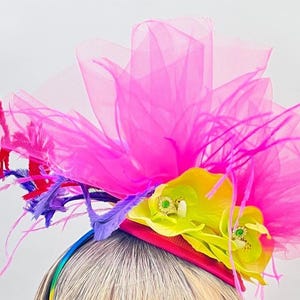 Fuchsia  Fascinator, Pink Net, Multicolour Flower Feather Headband, Headwear, Wedding Hat, Melbourne Cup, Handmade  Millinery.