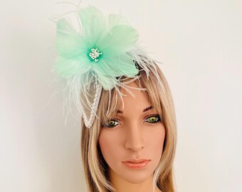 Green Fascinator Feather Flower Pearl Headband Melbourne Cup