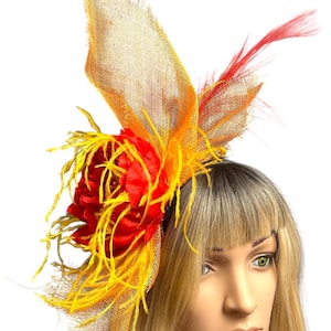 Orange & Red Fascinator, Floral Headband, Sculpted Sinamay Headpiece, Wedding Hat, Melbourne Cup, Handmade Millinery.