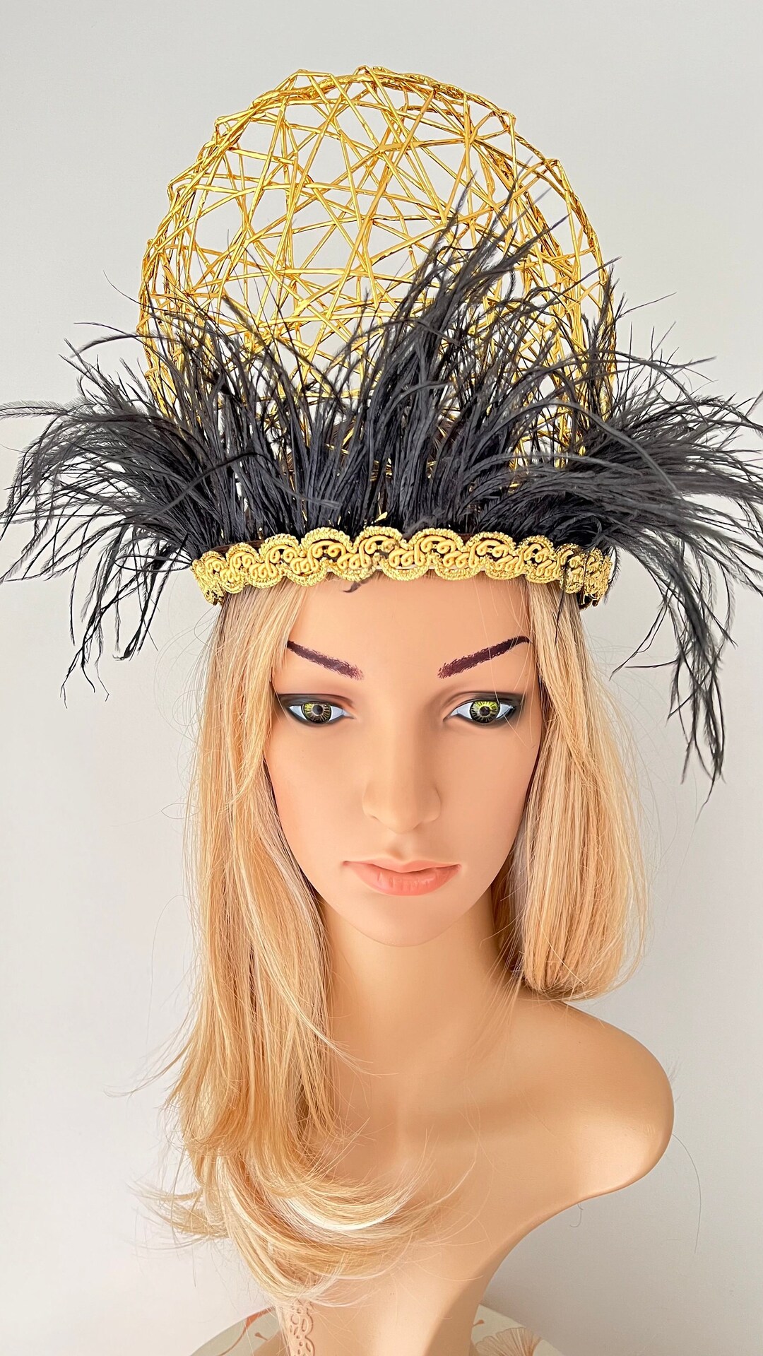 Handmade Gold Fascinator Gold Crown Black Feather Headband Etsy